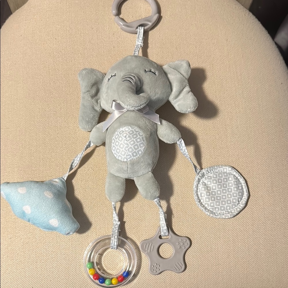 Gray Elephant Plush Baby Toy with Rattle and Mirror